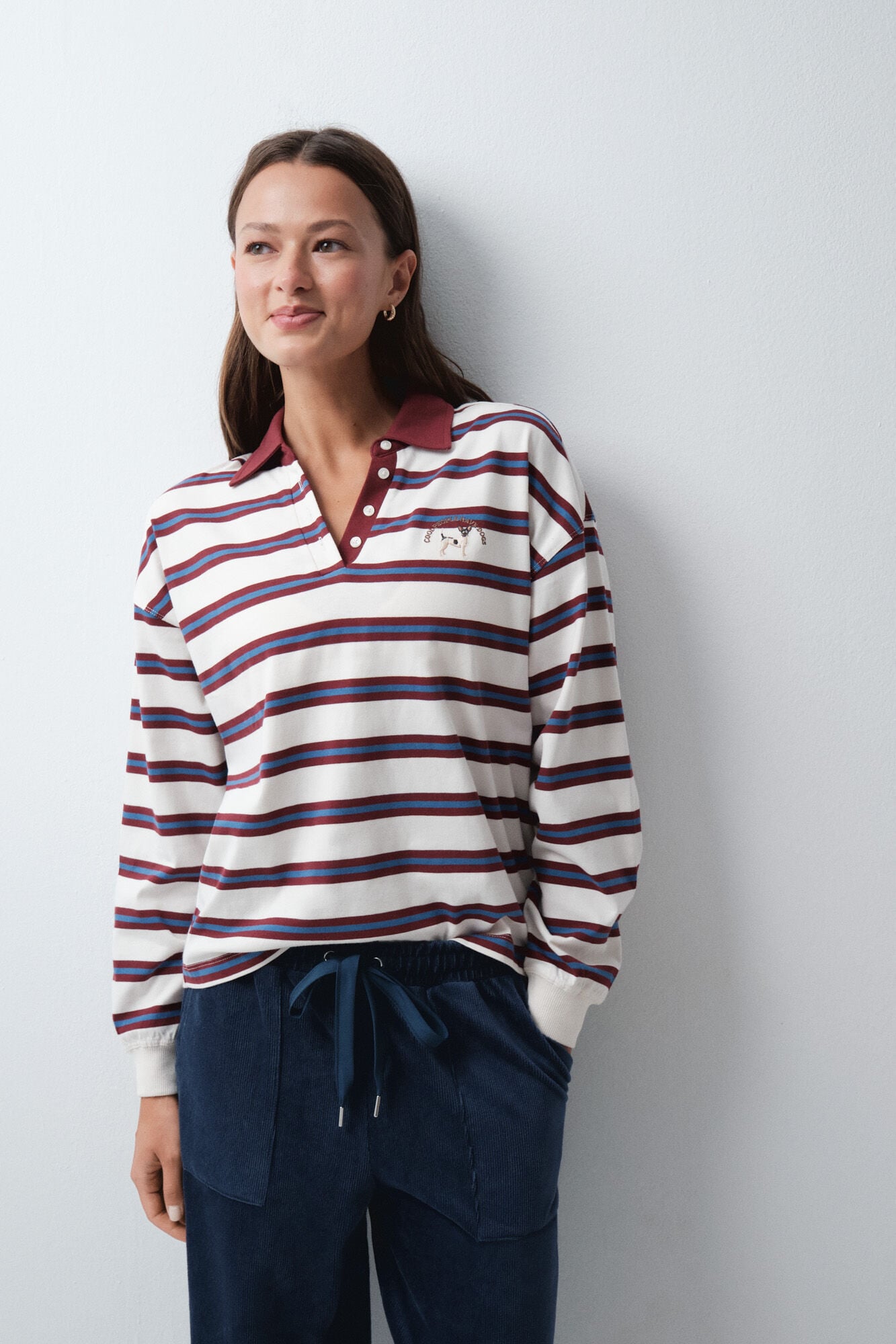 Women'secret Polo de riscas branco e gren&aacute; estampado