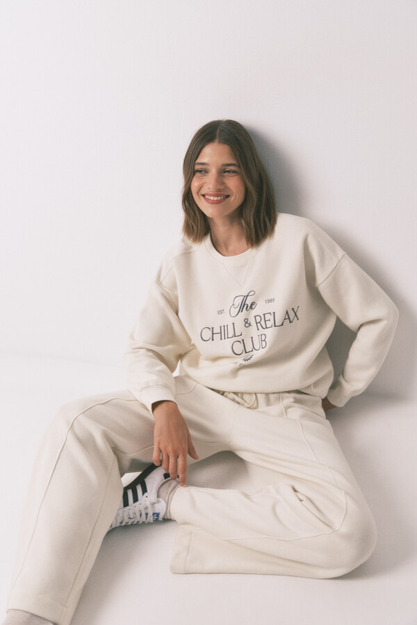 Women'secret Sudadera felpa algodón blanco marfil