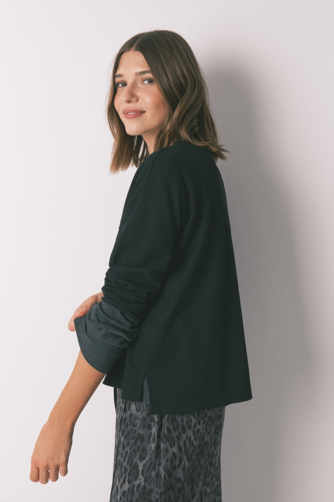 Women'secret T-shirt preta de manga comprida waffle preto