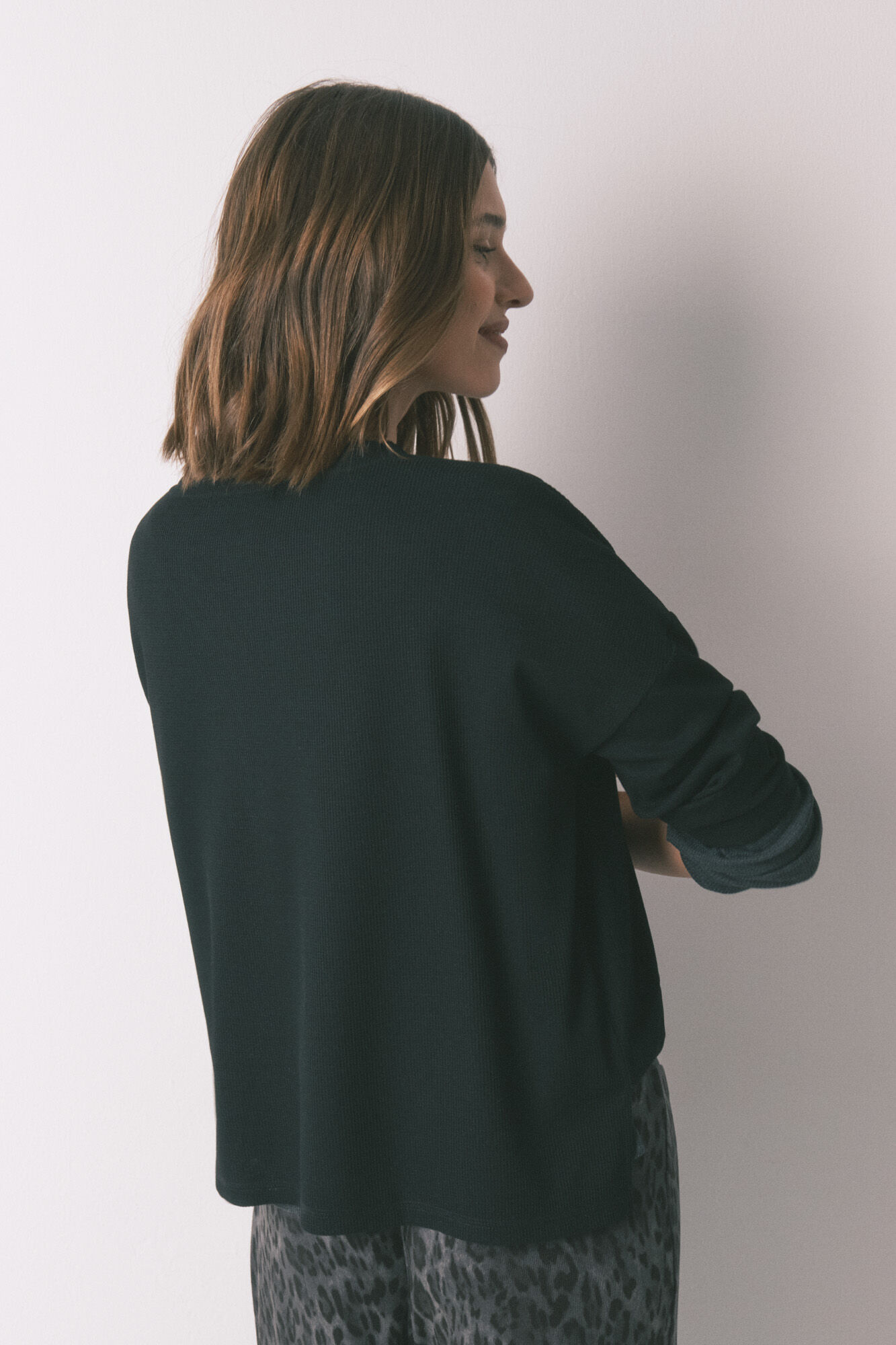 Women'secret T-shirt preta de manga comprida waffle preto