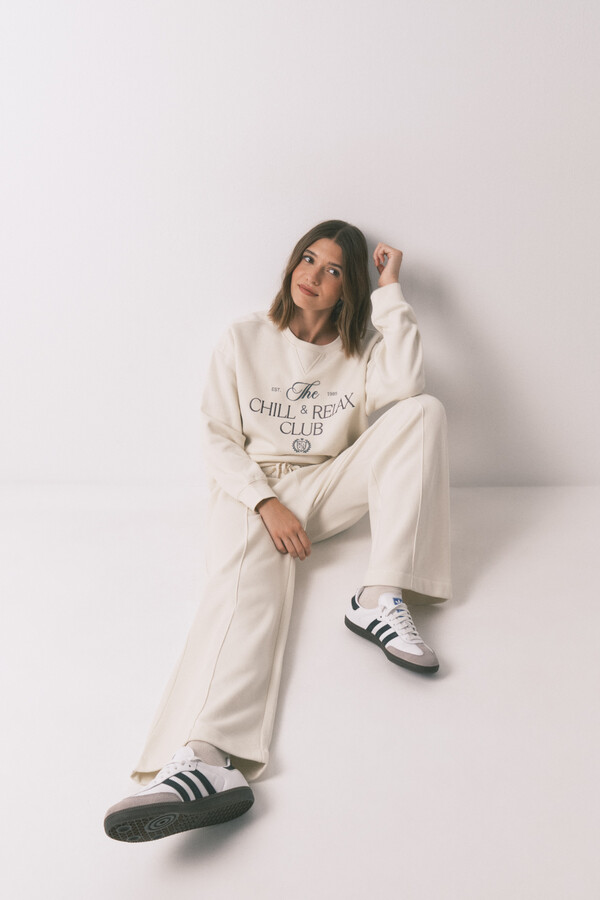 Women'secret Pantalón largo felpa fina blanco marfil