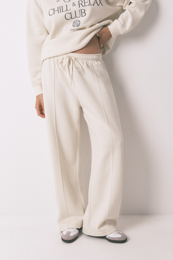 Women'secret Pantalón largo felpa fina blanco marfil