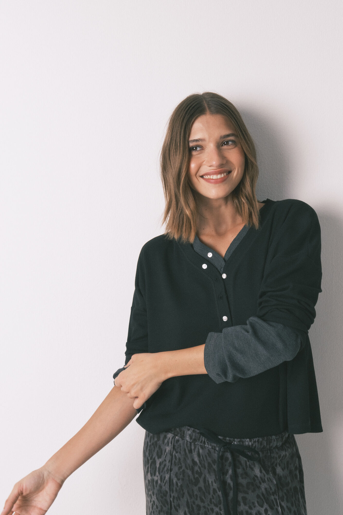 Women'secret T-shirt preta de manga comprida waffle preto