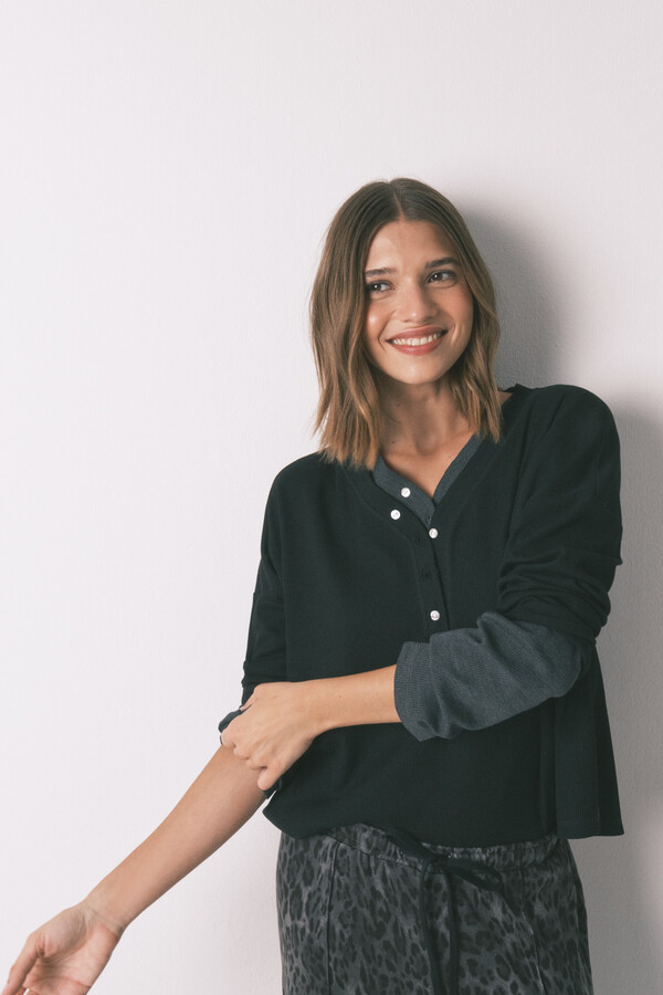 Women'secret T-shirt preta de manga comprida waffle preto